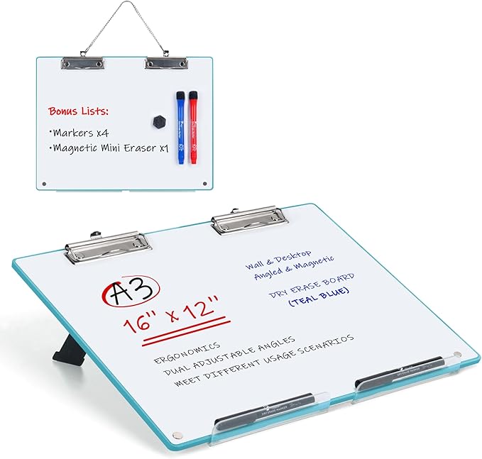 Large A3 Writing Easel Desk Adjustable Dry Erase, Keyboard Stand for Desk, Learning Portable Clipboard Magnetic, White Board Dry Erase Wall Hanging, Slant 13°/18° for teacher students, Teal Blue Frame