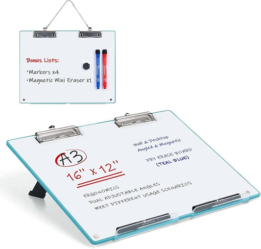Large A3 Writing Easel Desk Adjustable Dry Erase, Keyboard Stand for Desk, Learning Portable Clipboard Magnetic, White Board Dry Erase Wall Hanging, Slant 13°/18° for teacher students, Teal Blue Frame