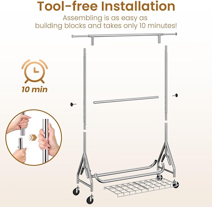 Heavy Duty Clothes Rack for Hanging Clothes, Double Rods Clothing Rack with Lockable Wheels, Rolling Metal Garment Racks Heavy Duty, Portable Wardrobe Closet Racks, Silver