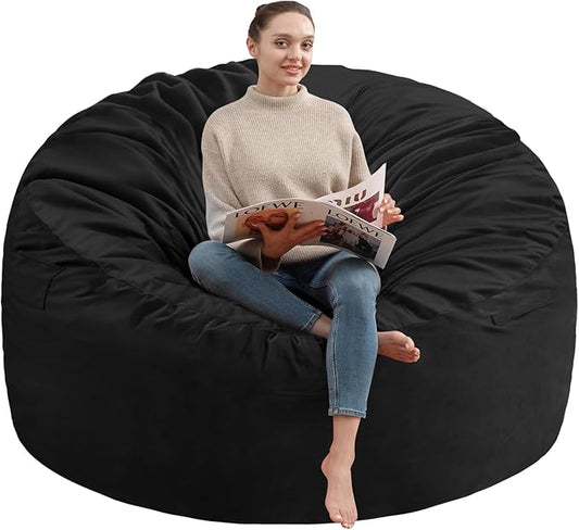 5FT Bean Bag Chair, Large Bean Bag Chairs with Memory Foam Filled, Fluffy Beanbag Sofa with Dutch Velvet Cover, Round BeanBag Chairs for Living Room, Playroom - Black