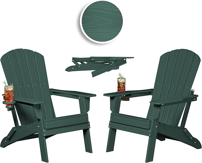 Plawdlik Folding Adirondack Chair, SGS Tested, Wooden Textured with Cup Holder, Heavy All-Weather HDPE Comfortable Set Poolside Backyard Lawn Green Set 2