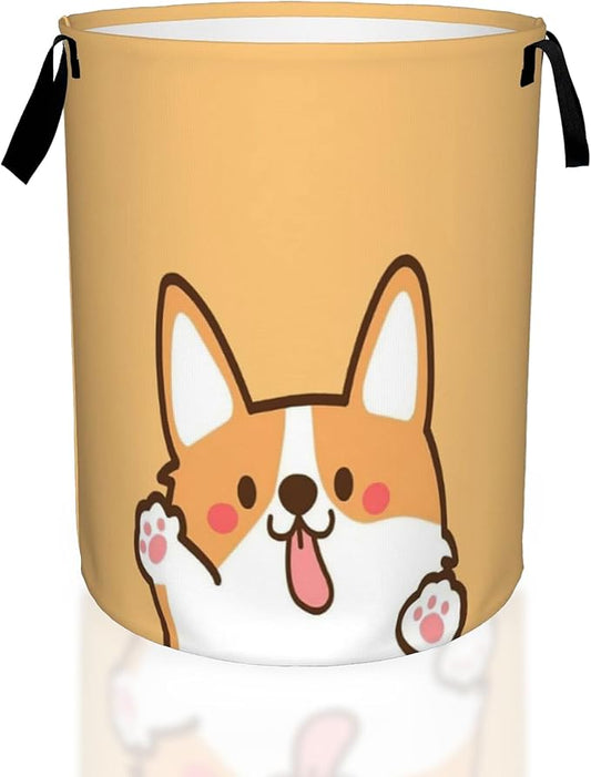 Funny Corgi Puppy Dog Laundry Basket,Waterproof Foldable Laundry Hamper,Dirty Clothes Laundry Basket, Linen Bin Storage Organizer for Toy Collection 16" x 20"