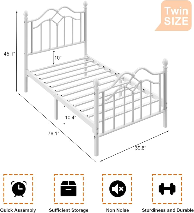 Twin Metal Platform Bed Frame, Bed Frame with Victorian Headboard and Footboard, Strong Metal Slats Support, Mattress Foundation No Box Spring Needed, Easy Assembly, Noise Free, White