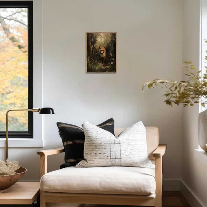 Djmwtb Vintage Framed Wall Art Fox Canvas Wall Art Prints Forest Animal Pictures Dark Academia Painting Wall Decor Artwork for Living Room Bedroom Bathroom Office 16x24in