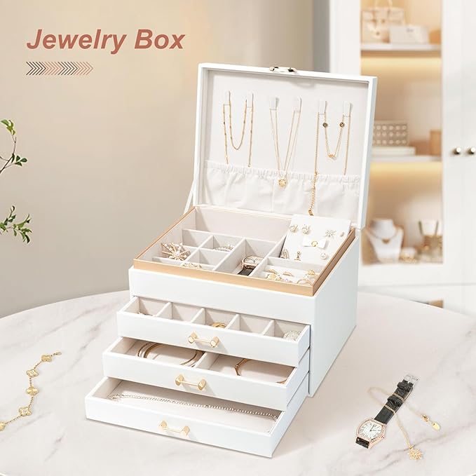 Jewelry Box for Women,4-Layer Leather Jewelry Holder Organizer with 3 Drawers Large Jewelry Storage Boxes, Lots of Storage Space For Ring,Necklace,Bracelets,Earring（White）