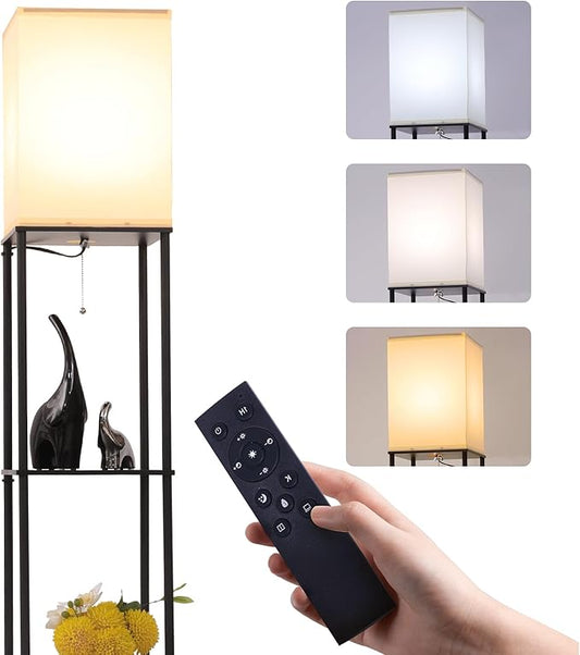 Floor Lamp with Shelves, Modern Square Standing Lamp with 3-Color Remote Control Dimming Bulb, Corner Display Bookshelf Lamp for Living Room, Bedroom and Office (black-9YK)