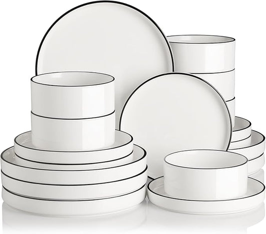 Sweejar Porcelain Dinnerware Sets for 6, 18 Pieces Ceramic Plates and Bowls Set, Classic Modern Simple Kitchen Dinner Dining Ware Set, Dishwasher and Microwave Safe Dishes Sets(Pure White-Black Rim)