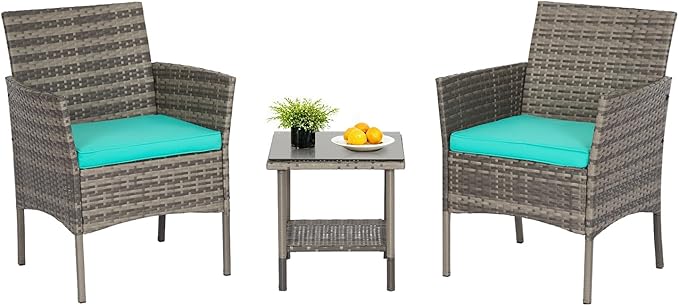 FDW | 3-Piece Patio Furniture Set | Gray & Blue | Outdoor Wicker Furniture with Coffee Table | Modern Rattan Chairs Conversation Set | Outdoor Seating | Weather-Resistant | for Porch, Garden, Lawn