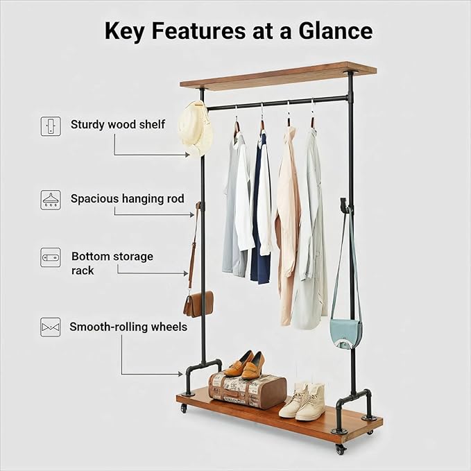 Industrial Pipe Clothing Racks, Rolling Garment Racks, Hall Tree on Lockable Wheels with Shelves and Shoes Storage, Heavy Duty Clothes Rack (two tiers garment rack)