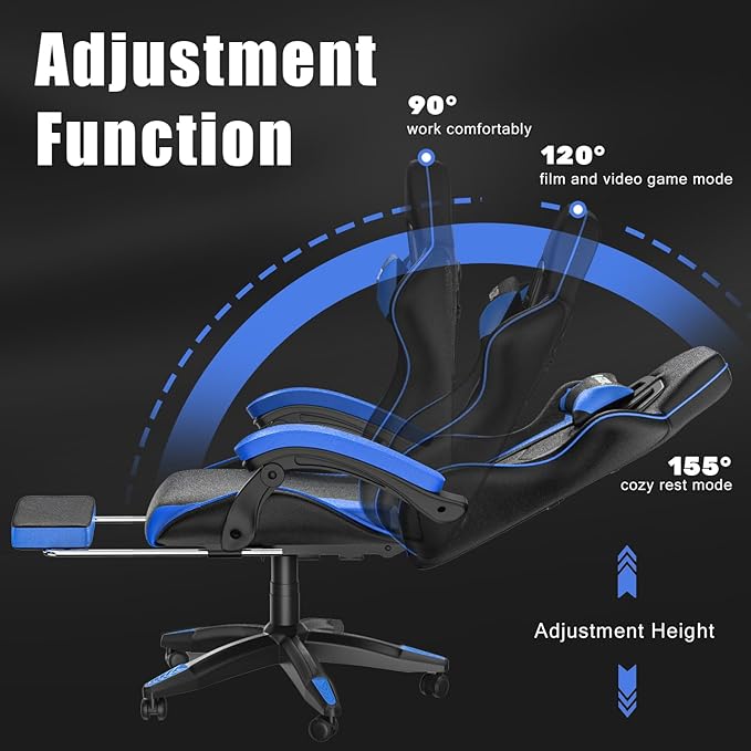 Gaming Chair with Footrest, High Back Ergonomic Computer Gamer Chair with Headrest and Lumbar Support, Racing Style Reclining Game Chair for Adults, Kids (Blue-Black)