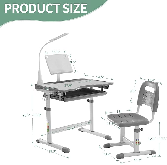 Diroan Kids Functional Desk and Chair Set, Ergonomic Height Adjustable Children School Study Desk with Tilt Desktop, Book Stand, LED Light, Metal Hook and Storage Drawer for Boys Girls(Grey)