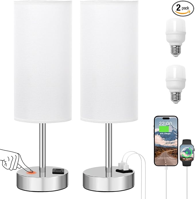 Bedside Table Lamps for Bedroom Set of 2 - Touch Lamp for Nightstand with USB-A+C Charging Ports - 3 Way Dimmable Small Desk Lamp White for Office, Dorm Room, Living Room, Reading, Nursery