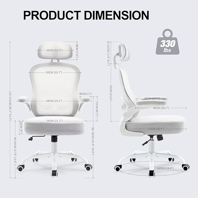 Ergonomic Office Chair,Ultra Thick Office Desk Chair with Adjustable Lumbar Support and Headrest,Spring Cushion,Rocking Function,Flip-up arms,Mesh Computer Chair for Home Office,Grey