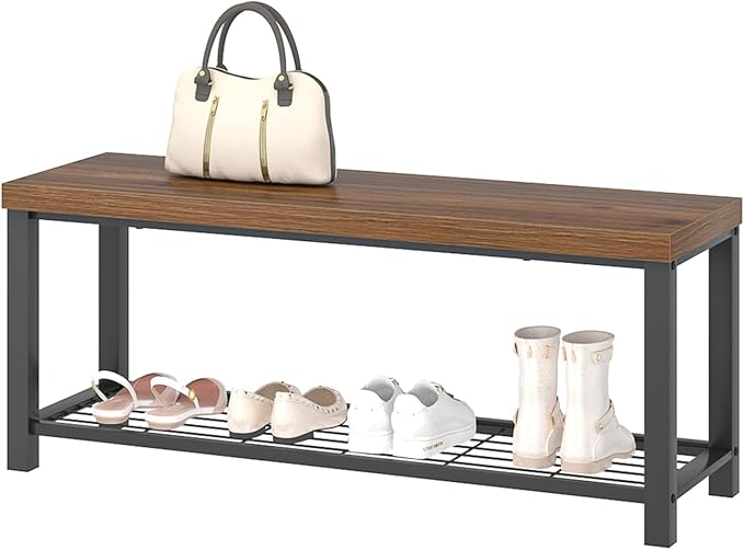 FOLUBAN Modern Entryway Bench - Rustic Wood and Metal Shoe Storage for Hallway Front Door Entrance, Industrial Indoor Seat for Bedroom Living Room, 43 Inch Walnut