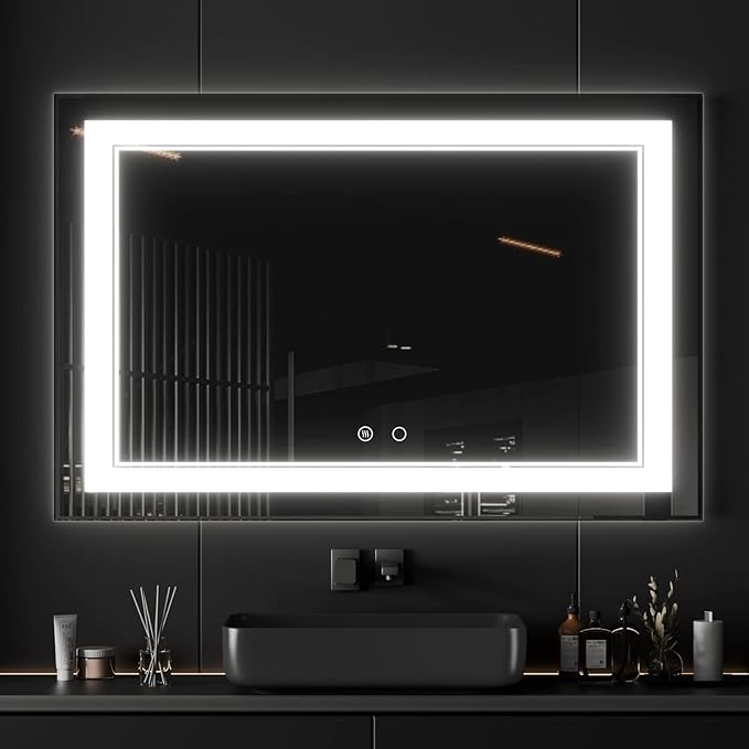 COOL2DAY LED Mirror for Bathroom,55x36 Inch Lighted Bathroom Vanity Mirror with Lights, Double Light Strips, 3 Colors, Shatter-Proof, Anti-Fog and Brightness Memory