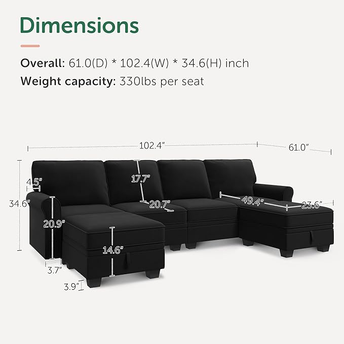HONBAY Convertible Sectional Sofa with Storage U Shaped Sectional Couch with Reversible Chaise Small Sectional Couches for Living Room,Mid Black