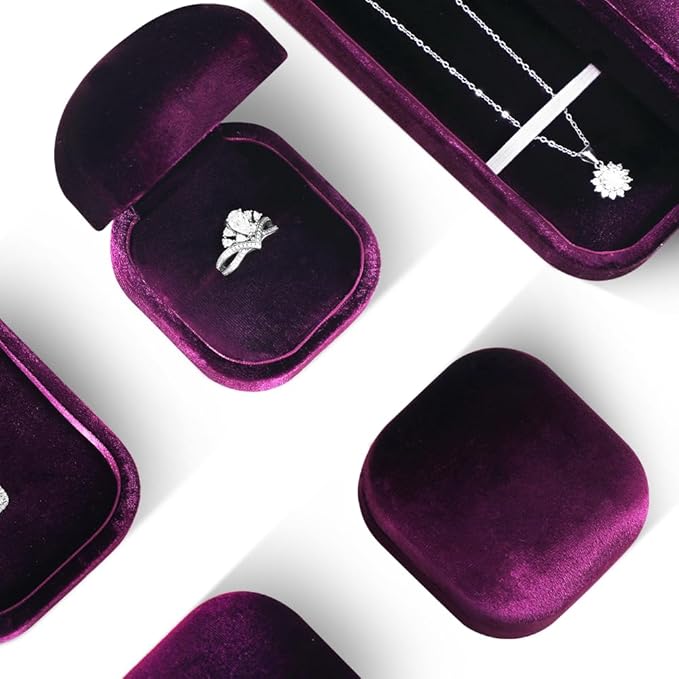 Resilient Velvet Ring Earrings Bracelet Necklace Display Box, Travel Mini Jewelry Organizer Case (Purple, Ring Box)