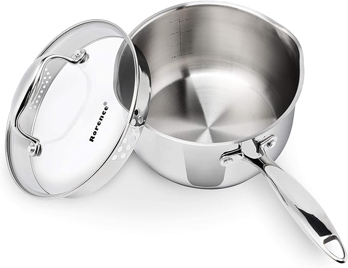Rorence Stainless Steel Sauce pan: Saucepan with Pour Spouts, Capsule Bottom & Tempered Glass Lid - 2.5 Quart