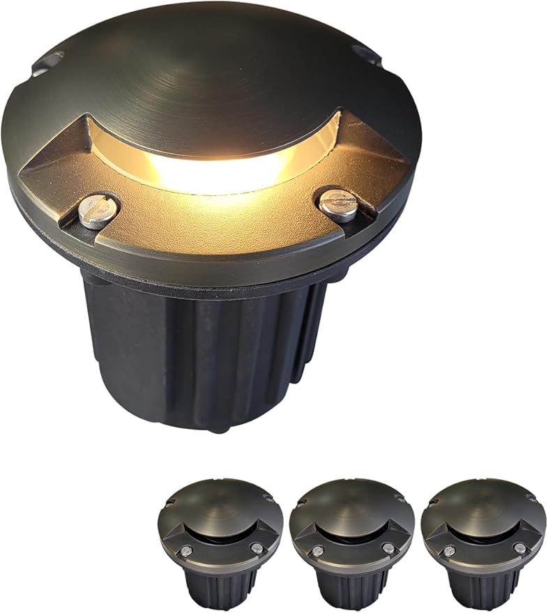MALORY Brass Top Cover Landscape Well Lights,(5‘’H) 12V Low Voltage Outdoor In Ground Lights,Landscape Lighting for Pathway, Driveway and Garden (One-Direction Turret, 4-Pack Without Bulb)