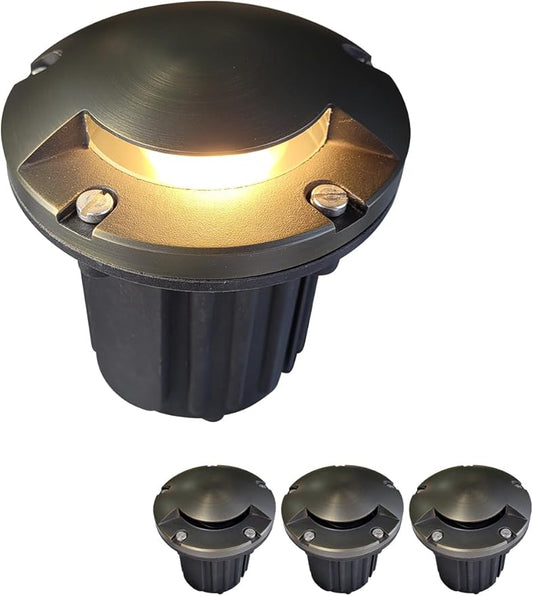 MALORY Brass Top Cover Landscape Well Lights,(5‘’H) 12V Low Voltage Outdoor In Ground Lights,Landscape Lighting for Pathway, Driveway and Garden (One-Direction Turret, 4-Pack Without Bulb)