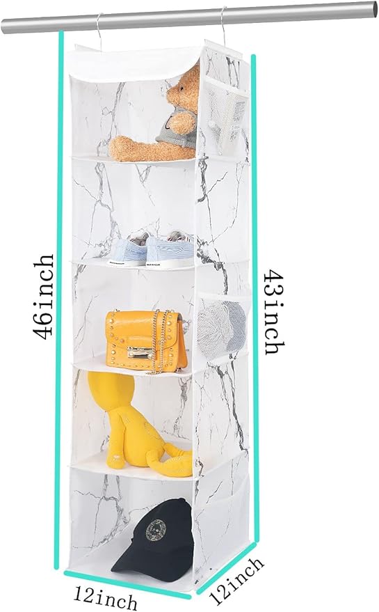 5 Shelves Hanging Closet Organizer, 2 Pack Hanging Storage with 6 Side Pockets for Clothes Shoes, 43"x12"x12"(Marblizing)
