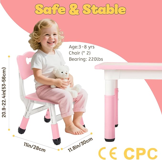 FUNLIO Adjustable Kids Chair (2pcs), 3 Level Height Adjustable Toddler Chair for Ages 3-8, Sturdy Child Chair with Maximum Bearing 220lbs, for Classrooms/Daycares/Homes, CPC & CE Approved - Pink