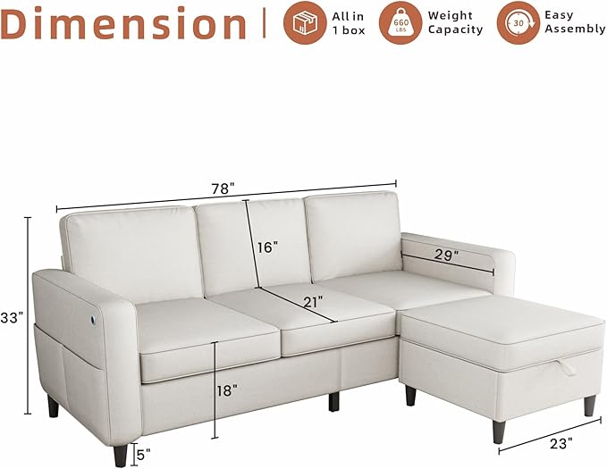 Sectional Sofa Couches for Living Room - 78'' Beige 3 Seat L-Shaped Couch with Type-C Charging Port & Storage Ottoman, Modern Linen Convertible Sectionals Sofas with Chaise for Apartment