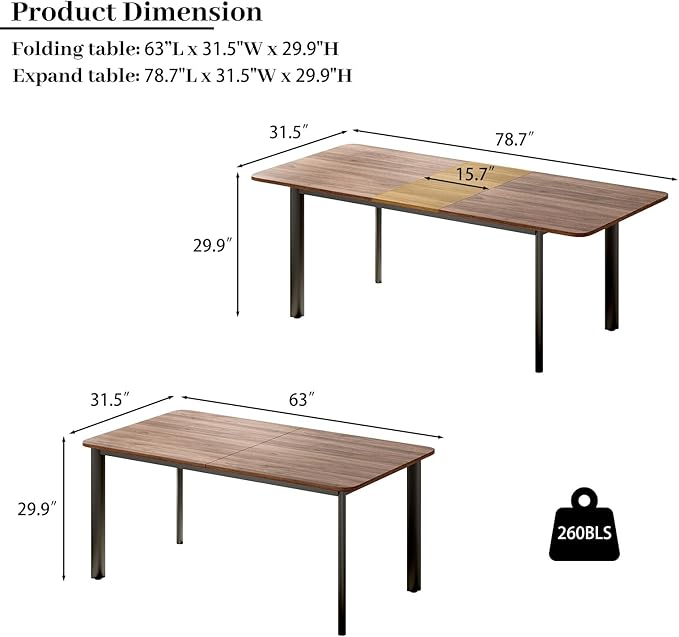 63"- 78.7" Extendable Dining Table, Modern Kitchen Table, Thickened Expandable MDF Wooden Table with Metal Legs for Dining Room, Kitchen, Home