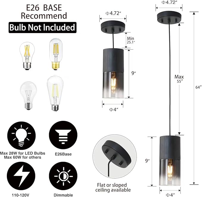 2-Pack Black Pendant Light Fixtures, Adjustable Modern Pendant Lights for Kitchen Island, Industrial Glass Pendant Lights for Dining Table Hallway Bedroom Living Room