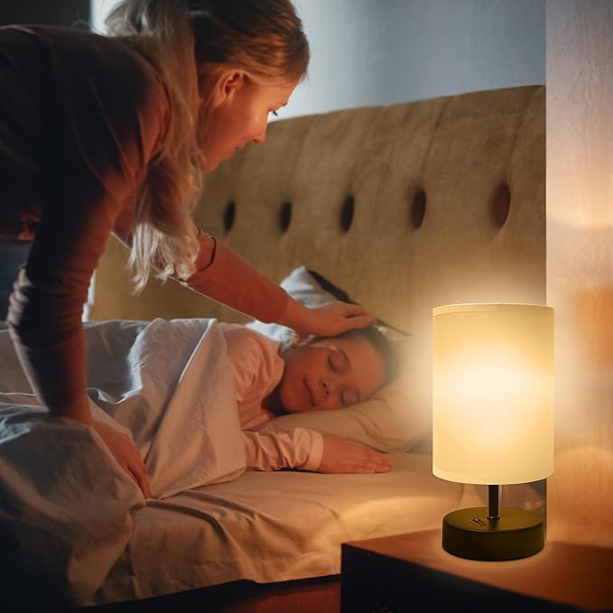 Small Bedside Lamp - Minimalist Table Lamp with Round Gray Fabric Shade - 9 Inch Desk Reading Lamp for Bedroom, Dorm, Living Room, Office - 1 Pack