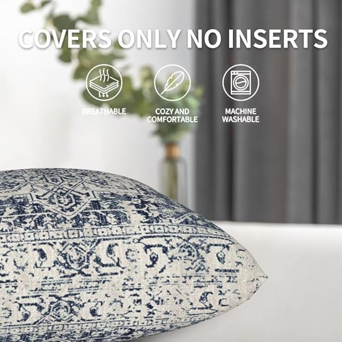 Boho Pillow Covers 24x24 Set of 2, White Navy Blue Carpet Pattern Outdoor Decorative Throw Pillows Ethnic Rustic Farmhouse Cushion Cases Linen Gifts for Couch Sofa Decor