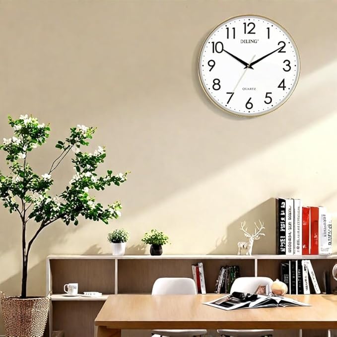 13 Inch Round Wall Clock Silent Non-Ticking Battery Operated Large Display Analog for Living Room Bedroom Study and Kitchen Decor(Gold)