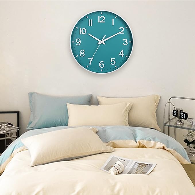 HZDHCLH Teal Wall Clocks Battery Operated,12 inch Silent Non Ticking Modern Wall Clock for Living Room Bedroom Kitchen Office Classroom Decor