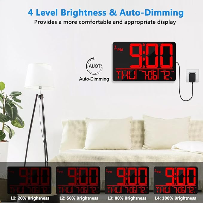 13" Bluetooth Auto Sync Wall Clock - Large Digital Alarm Clock with Remote, 25 Ringtones, Dual Alarm, Adjustable Brightness, 12/24H, Auto DST, for Living Room, Kitchen, Office, Elderly（Red）