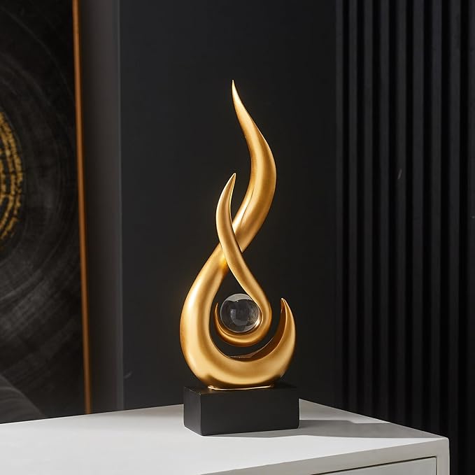 AWNR Modern Gold Sculpture Decor: Flame Statue with Glass Ball Resin Abstract Art Figurines Unique Centerpiece for Home Living Room TV Stand Coffee Table Office Decor