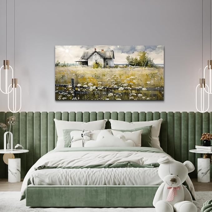 FUHAIHUA Framed Wall Decor Living Room Aesthetic Canvas Wall Art For Bedroom Office Wall Decorations Rural Landscape Paintings Farmhouse Watercolor Pictures Mural Artwork Room Home Decor 20x40 In