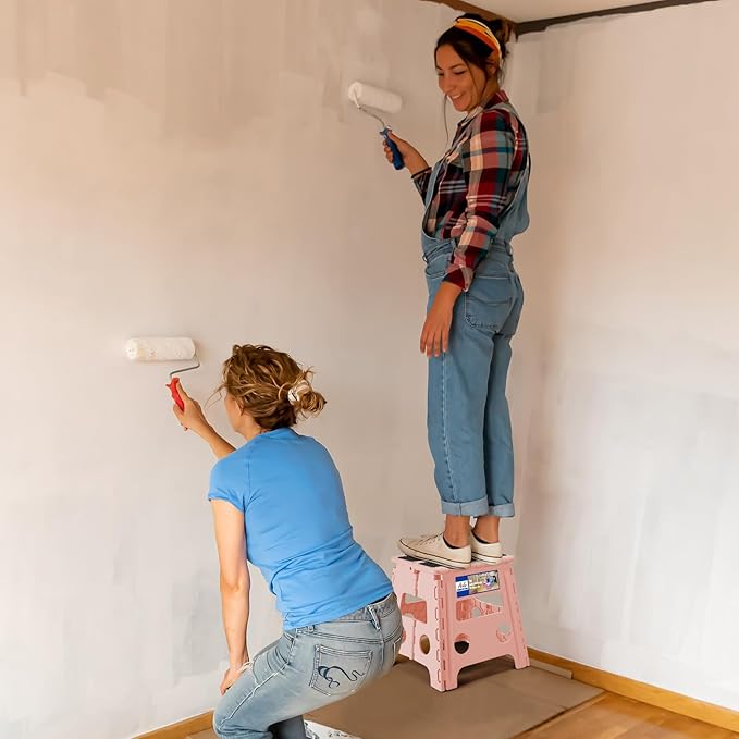 ACKO Folding Step Stool 13 inch Height Premium Heavy Duty Foldable Step Stools for Adults and Kids, Kitchen Plastic Small Collapsible Stepping Stool Hold Up to 300 LB Dot Pink (1 Pack)