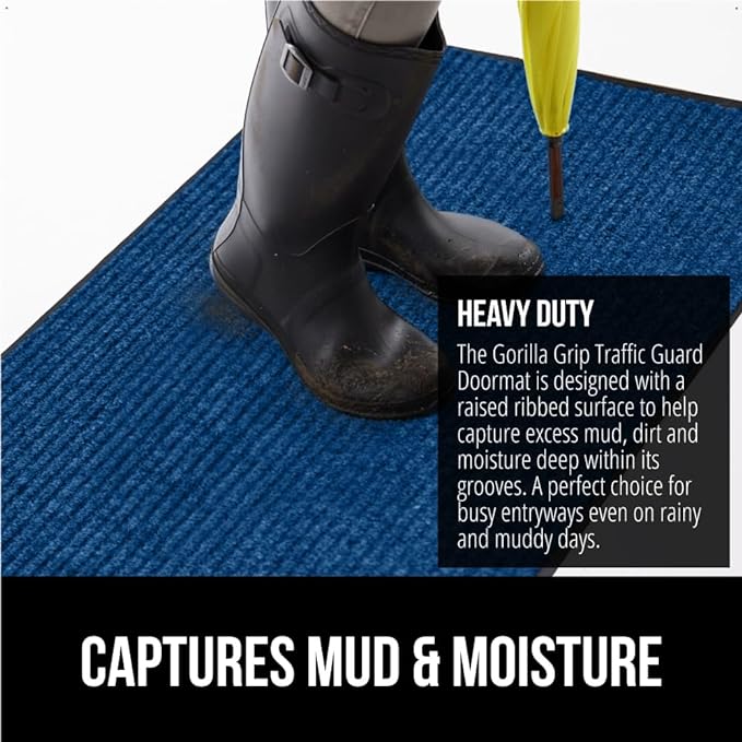 GORILLA GRIP Traffic Guard Door Mat, 72x48, Heavy Duty Welcome Mats, Commercial Office Space Doormat, Waterproof, Fade Resistant, Strong Rubber Backing, Low Profile, Shoe and Boot Scraper, Blue