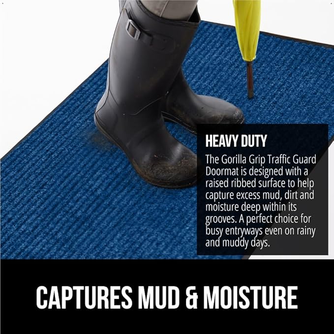 GORILLA GRIP Traffic Guard Door Mat, Heavy Duty Welcome Mats, Commercial Office Space Doormat, Waterproof, Fade Resistant, Strong Rubber Backing, Low Profile, Shoe and Boot Scraper, 29x17, Blue