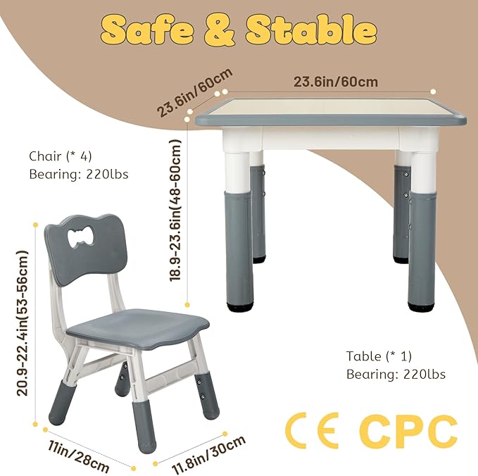 FUNLIO Kids Table and 4 Chairs Set, Height Adjustable Toddler Table and Chair Set for Ages 3-8, Easy to Wipe Arts & Crafts Table, for Classrooms/Daycares/Homes, CPC & CE Approved (5-Piece Set) - Gray
