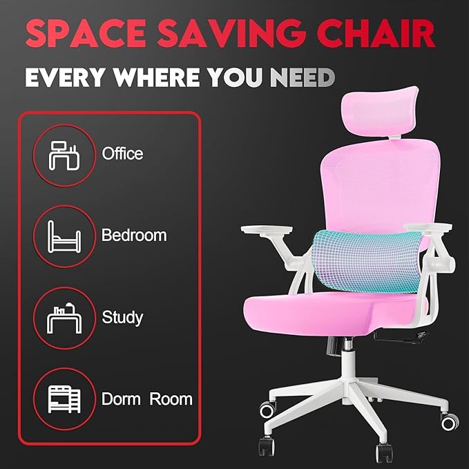 Ergonomic Office Chair - 400LB Comfy Desk Chairs with Headrest and Back Support, Heavy Duty Mesh Computer Chairs with Wheels and Arms for Home Office, Study, Bedroom and Dorm (04Pink)