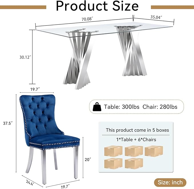 Goujxcy Modern 7 Piece Glass Dining Table Set Luxury Glass Kitchen Table and Chair Set for 6, 70" Large Rectangular Dining Room Table with 6 Tufted Chairs and Stainless Steel Legs (Silver & Blue)