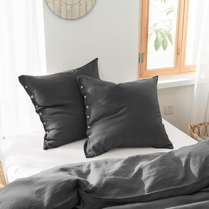 Simple&Opulence 100% Washed Linen Euro Sham Cover, 26 x 26 Inch, Decorative Bed Pillow Cover with Coconut Button, Solid Color Pillow Shams Set of 2 (Charcoal Grey)