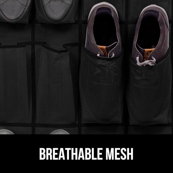 GORILLA GRIP Over the Door Shoe Organizer, 24 Large Breathable Mesh Pockets, Space Saving Hanging Storage Holder, Closet Rack Hanger Holds Up to 40 lbs, Hangs on Closets for Shoes, Accessories, Black