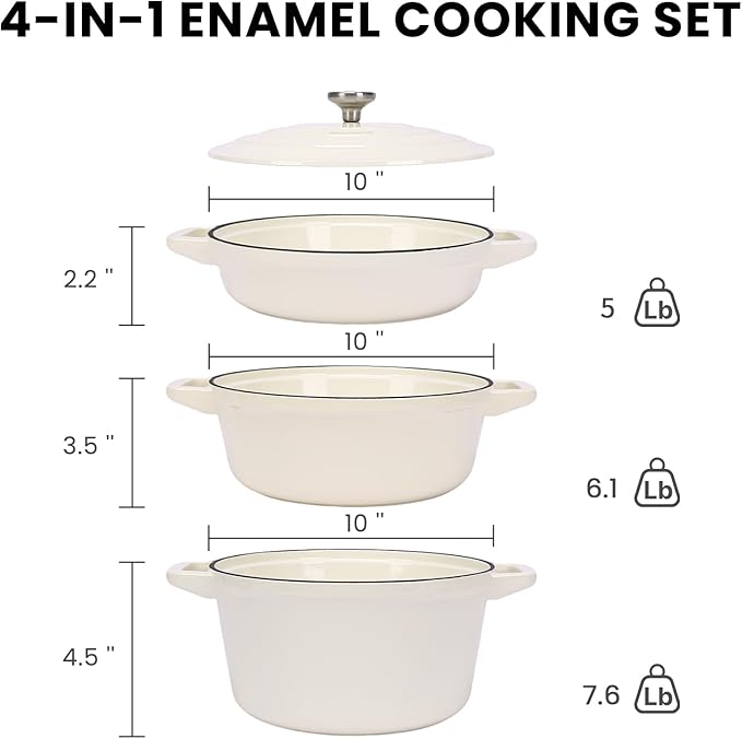 Hisencn Stackable Enamel Cookware Set, 5-Piece – 5.2QT Pot with Lid, 10-in Skillet, 4QT Frying Pan with Universal Glass Lid, Space-Saving Design, Oven and Stovetop Safe (Up to 500°F), Cream White