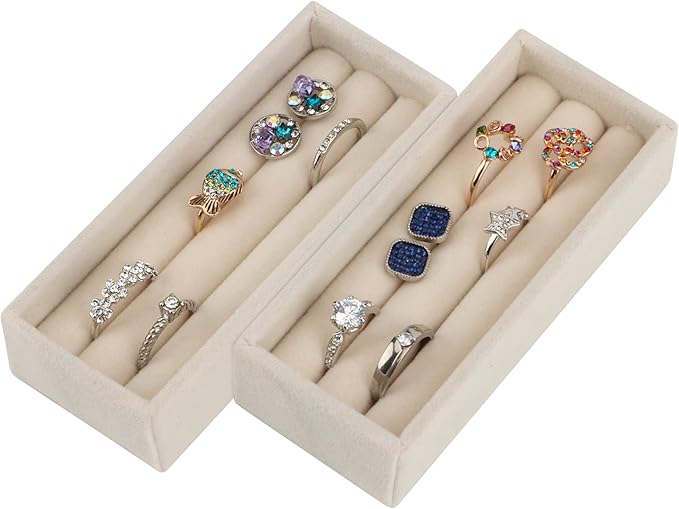 DesignSter Small Jewelry Tray, 2PCS Ring Organizer, Velvet Jewelry Display Tray, Stackable Jewelry Organizer Trays, Jewelry Drawer Organizer Inserts For Dresser, Jewelry Box (Beige)