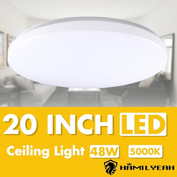 Hamilyeah 48W Flush Mount Ceiling Light, 20 inch LED Ceiling Light Fixture, 5000K Daylight Simple Close to Ceiling Light for Living Room, Dining Room, Bedroom, Hotel, Office