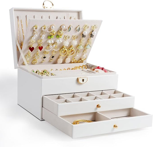 Jewelry Box, 3-Layer Jewelry Boxes for Women, Stud Earings Holder Jewelry Organizers and Storage with Removable Jewelry Tray, PU Leather Vintage Quilted Top Lockable Jewelry Holder Gift Idea
