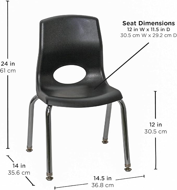 Children’s Factory MyPosture Plus 12" Chair, Black with Chrome Legs, 2 Pack, Stackable Ergonomic Seating Solution for Classrooms and Homeschools