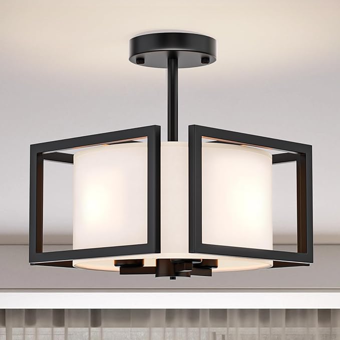 Modern Ceiling Light Fixture - Easric Semi Flush Mount Ceiling Light Industrial Light Fixtures Ceiling Mount with Fabric Shade Black Metal Frame Drum Ceiling Lights for Bedroom,Hallway,Kitchen